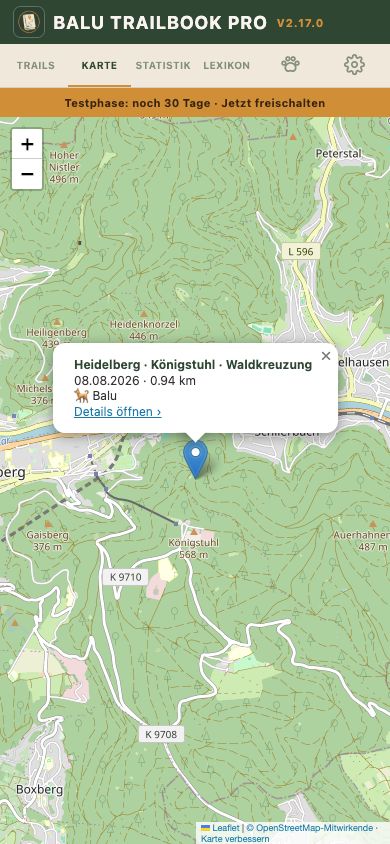 Echte mobile TrailBook-Ansicht: Kartenübersicht mit einem Traildetail am Königstuhl
