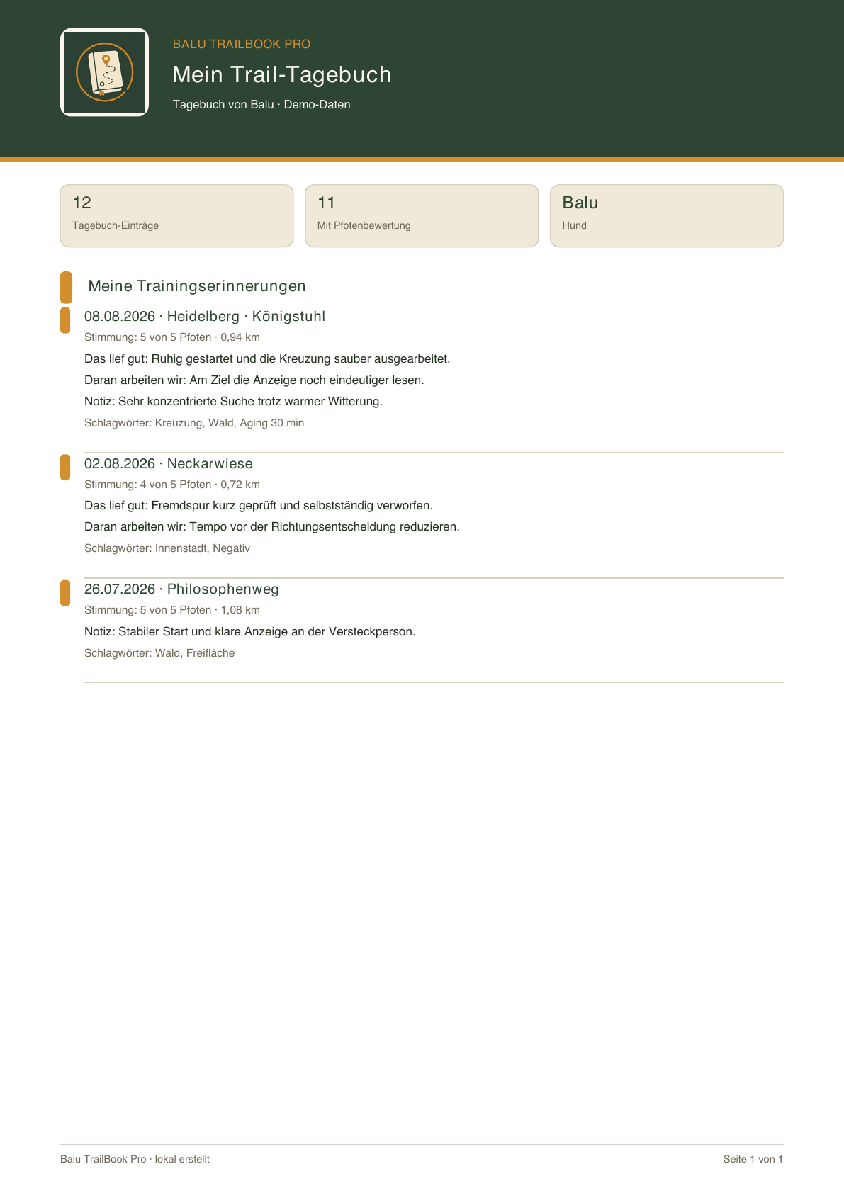Echter TrailBook-PDF-Export: persönliches Trail-Tagebuch im Balu-Design mit Demo-Daten