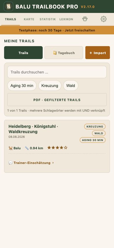 Balu TrailBook Pro: echte mobile Trailliste mit Suche und Schlagwörtern