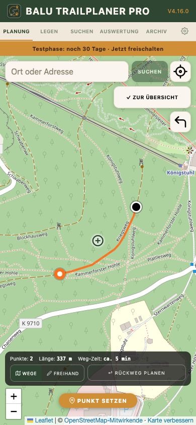 Balu TrailPlaner Pro: echte mobile Planungskarte mit kurzem Trail am Heidelberger Königstuhl