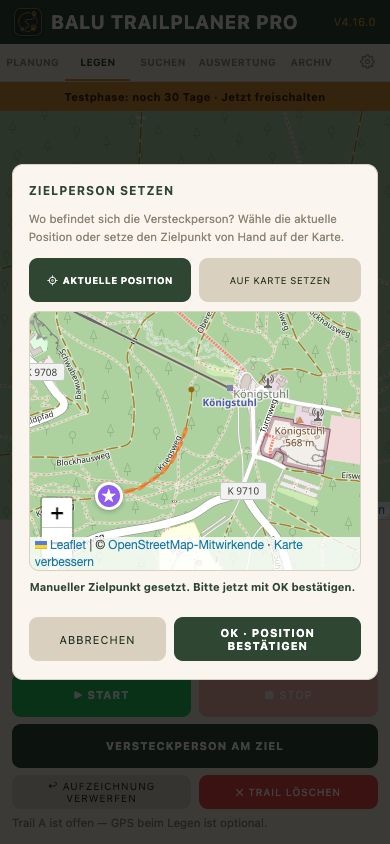 Echte mobile TrailPlaner-Ansicht: Zielposition am Ende des Königstuhl-Trails bestätigen